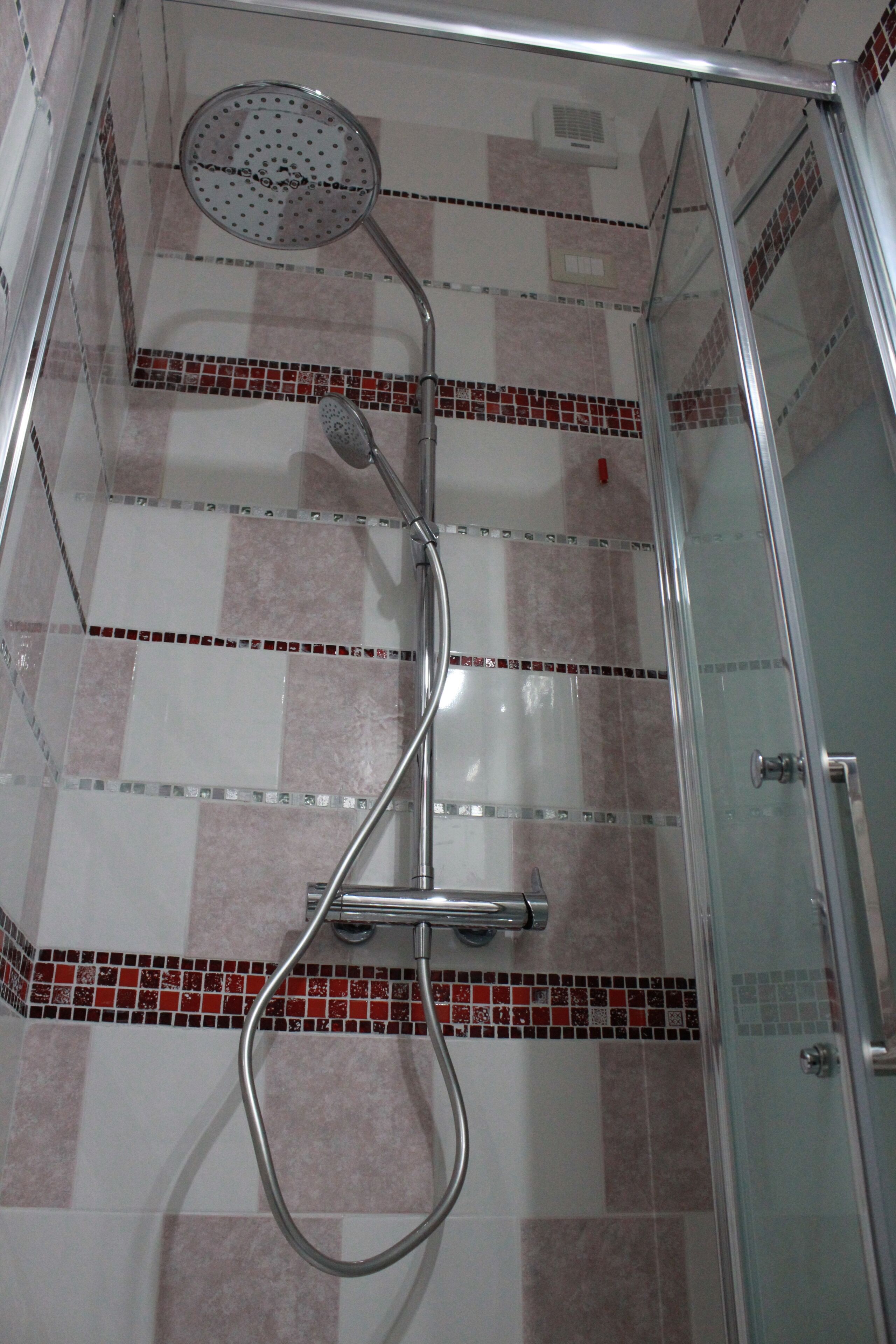 Shower, hair dryer, towels, toilet paper
