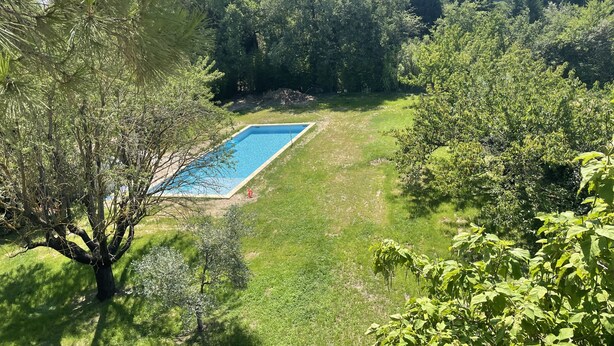 A rectangular swimming pool surrounded by lush greenery and trees. - Studio Avec Piscine (Saint veran/Orgon)
