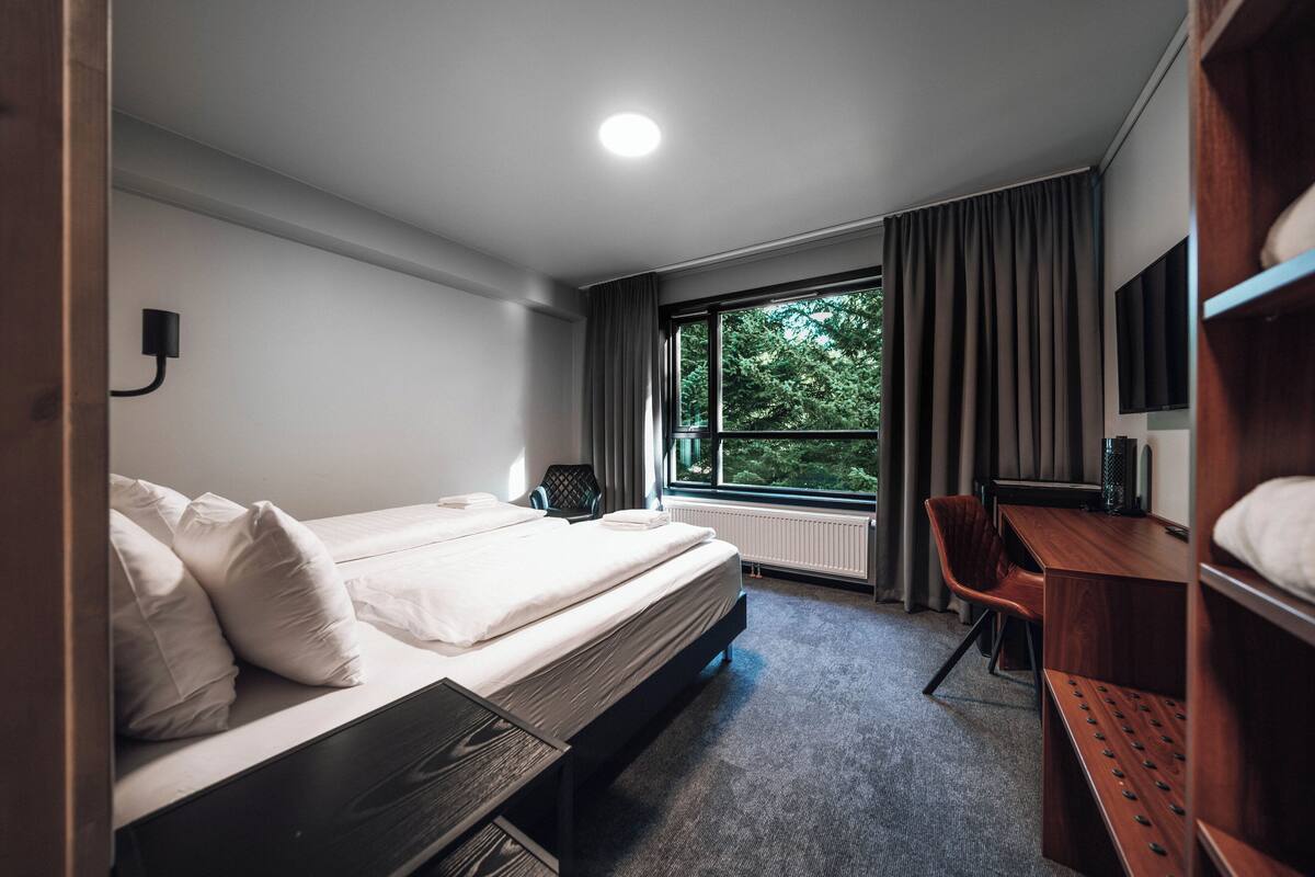 Una habitación de hotel moderna con una cama grande, un escritorio, una silla y un televisor.