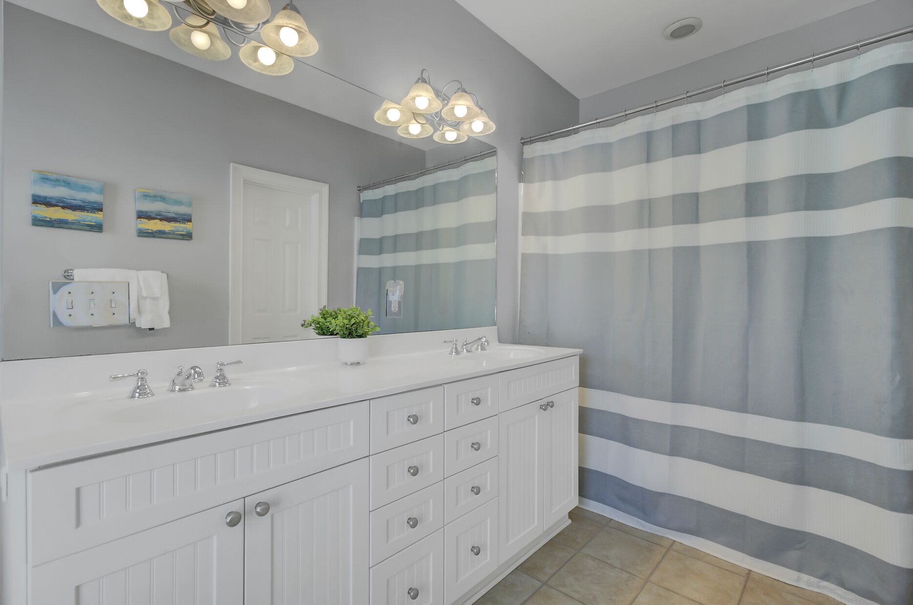 A bathroom with a white vanity, a shower curtain, and a ceiling light fixture.