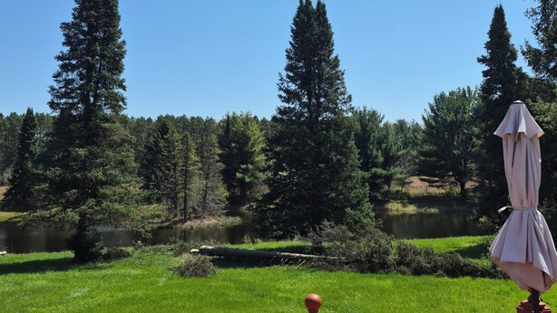 A lakeside view with a red railing, trees, and a clear sky. - SECLUDED WOODLAND ESCAPE NEAR WISCONSIN DELLS WITH POND ON 80 PRIVATE ACRES (Lyndon Station)