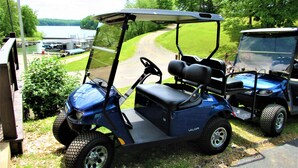 A golf cart parked on a grassy area with a lake and boats in the background. - Lakefront, Jet ski, kayak,or pontoon rentals. Right on the beach!!! (Murray)