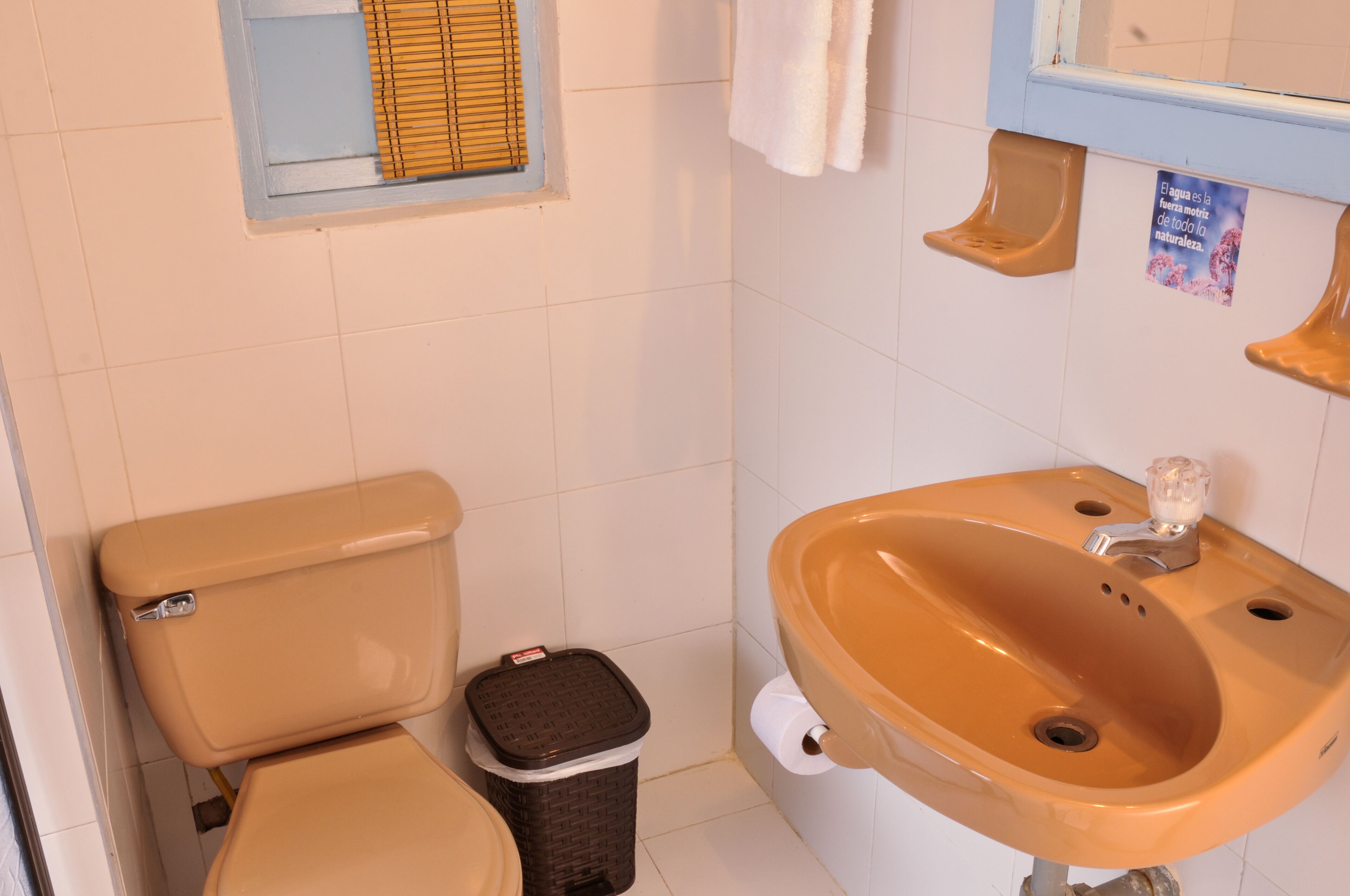 Un baño con inodoro, lavamanos y un cubo de basura.