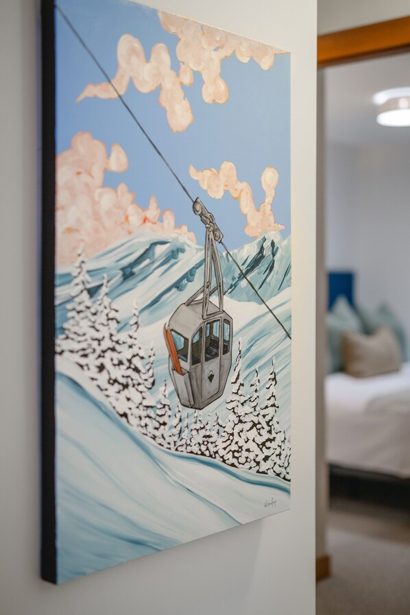 A painting of a cable car on a snowy mountain. - True SKI IN/OUT | Updated 3.5BR | Hot Tub | Garage | Managed By Aloha Whistler (Whistler)