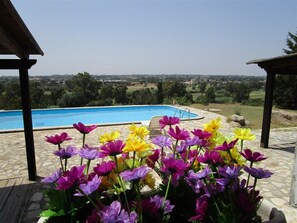 A pool with a clear view of the surrounding landscape, a gazebo structure, and a variety of colorful flowers in the foreground. - Villa Ingeborg King Room (QUARTU SANT'ELENA)