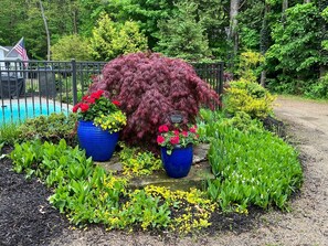 A garden with a welcome sign, a swimming pool, and a variety of plants. - Ultimate Family Retreat: Pool, Huge Yard, Gardens, Chickens, 5 Beaches Closeby (Fennville)