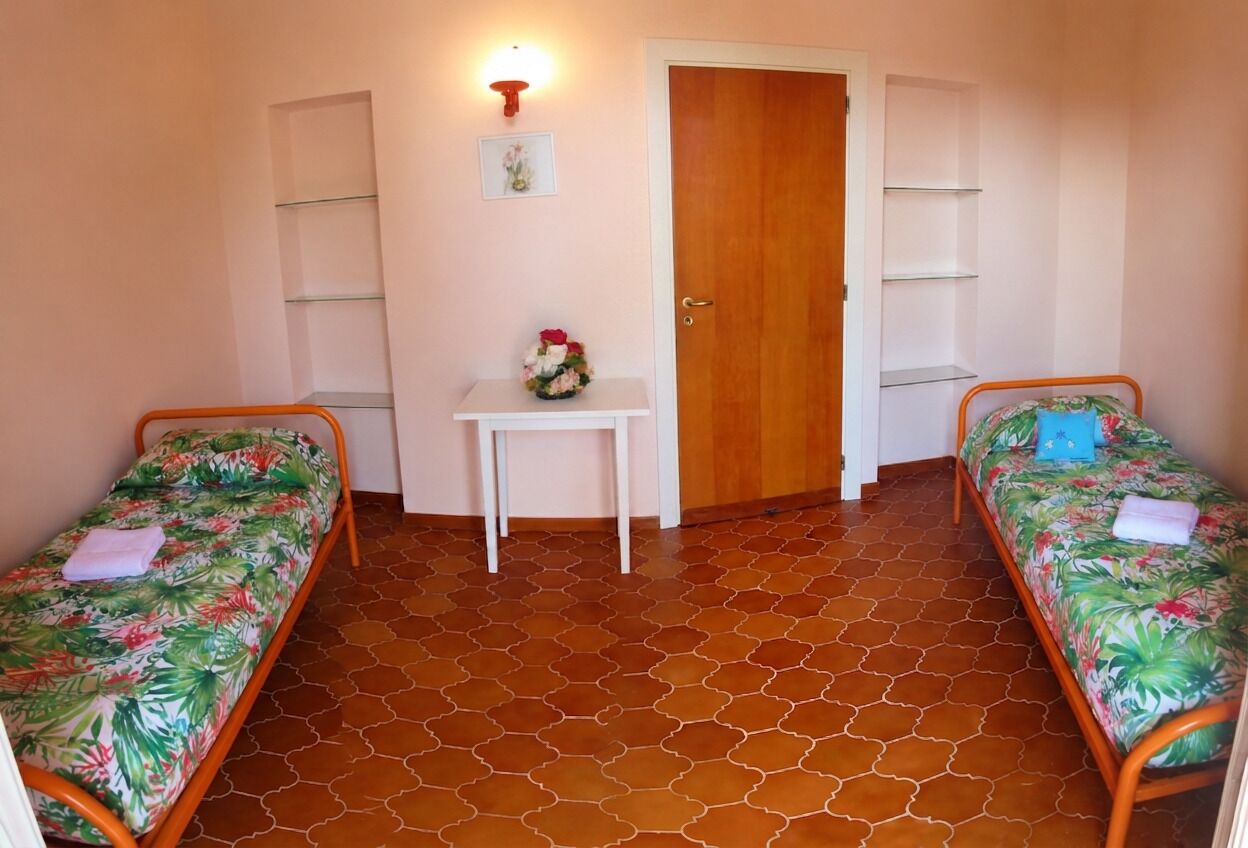 Une chambre avec deux lits simples, une petite table avec un vase, une porte et des étagères.