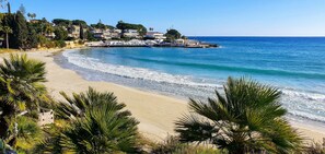 Una playa costera con un muelle, agua azul cristalina y una zona residencial al fondo.