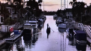 A marina with boats docked, a bridge, and palm trees. - The Heart of Belmont Shore (Long Beach)