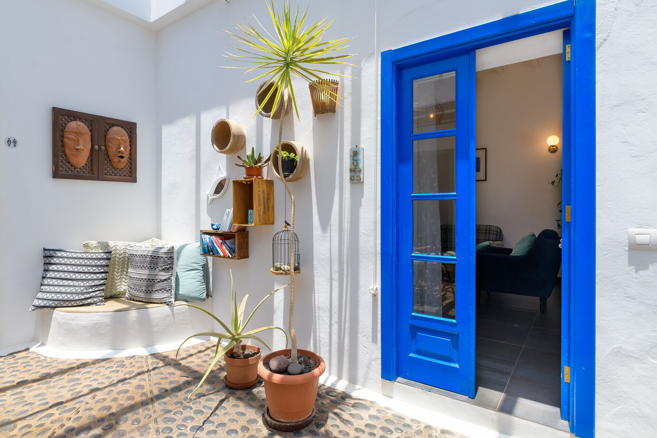 A room with a blue door, a white wall, and various potted plants.