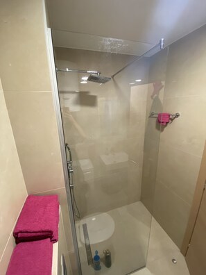Basic Apartment | Bathroom | Shower, rainfall showerhead, hair dryer, towels