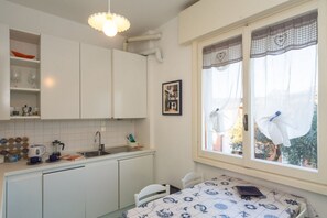 Een kleine keuken met witte kastjes, een spoelbak en een raam met gordijnen.