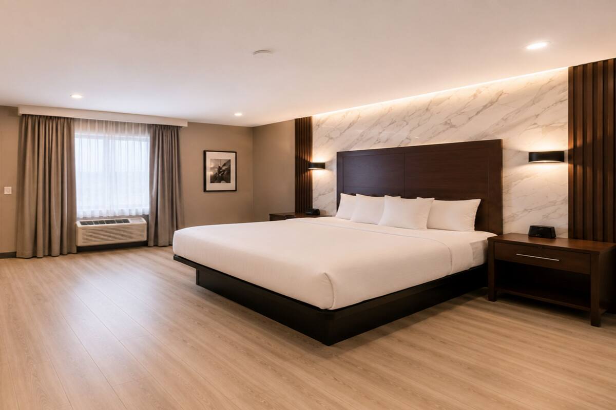 A hotel room with a large bed, a nightstand, a wall-mounted light, a window with curtains, and a radiator.