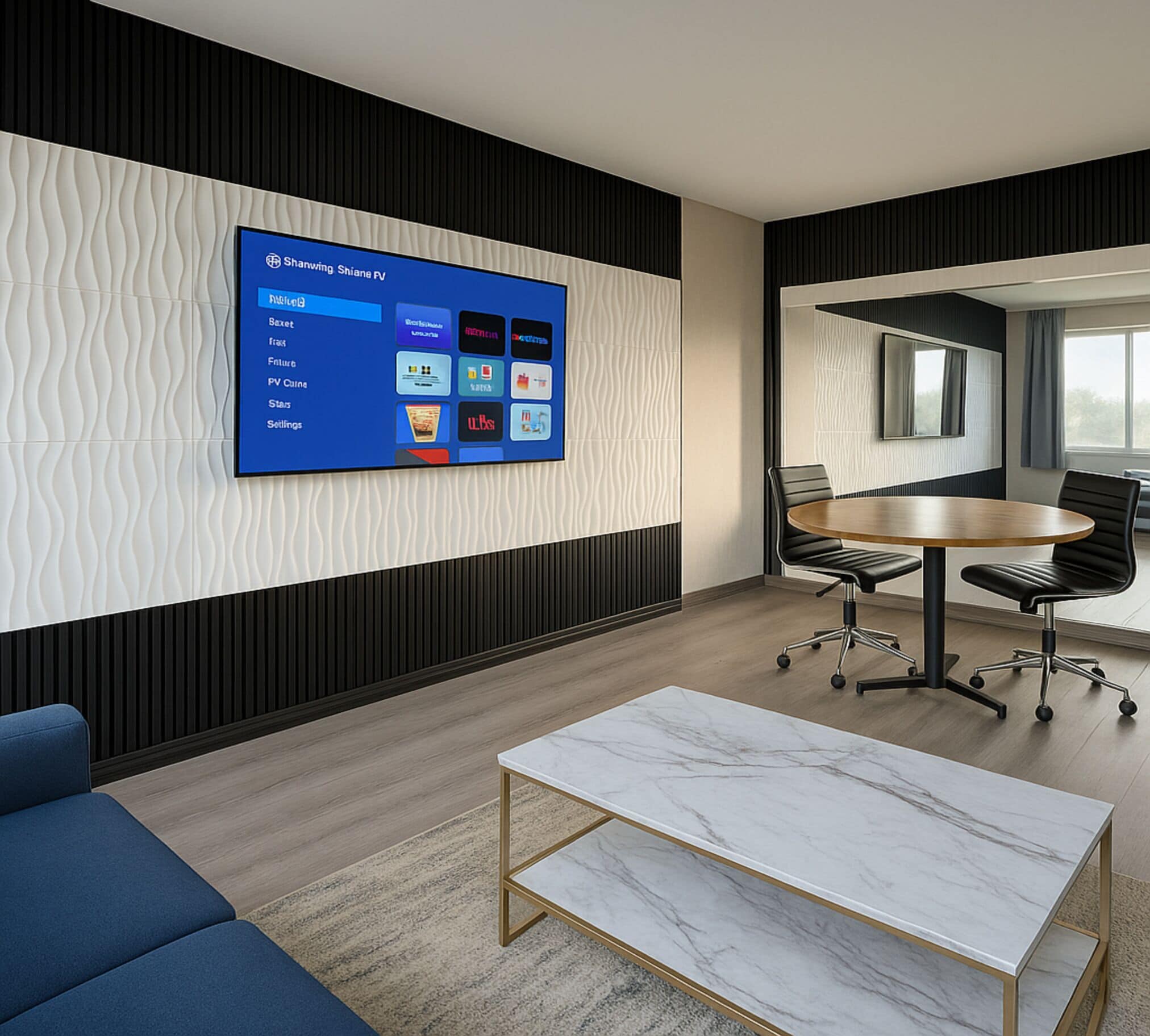 Una sala de conferencias moderna con una pantalla grande que muestra un directorio del hotel, una mesa redonda con sillas y una mesa de centro de mármol.