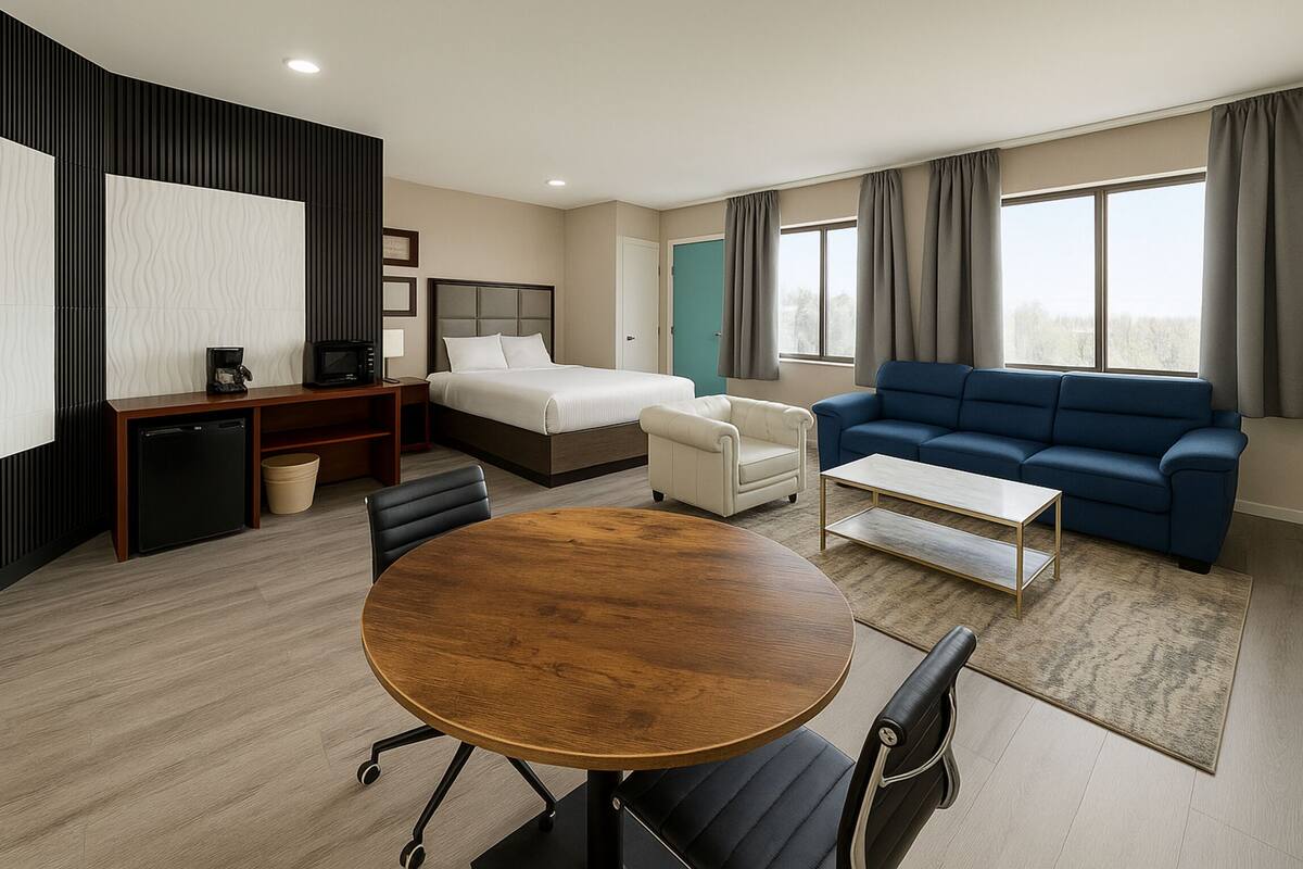 A hotel room with a bed, a sofa, a desk with a computer, a coffee machine, and a TV.
