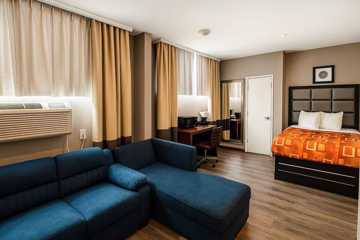 A hotel room with a large bed, a desk with a chair, a sofa, and a large window with curtains.