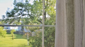 Ein Fenster mit Blick auf eine grüne Landschaft und Bäume.