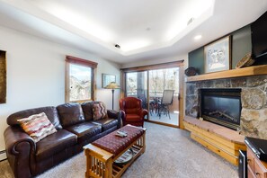 Televisión, chimenea, reproductor de DVD y libros 