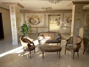Panoramic Penthouse | Living area | Fireplace - Penthouse Apartment  Pyramids view (Giza)