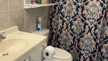 Chuveiro, secador de cabelo, toalhas de banho