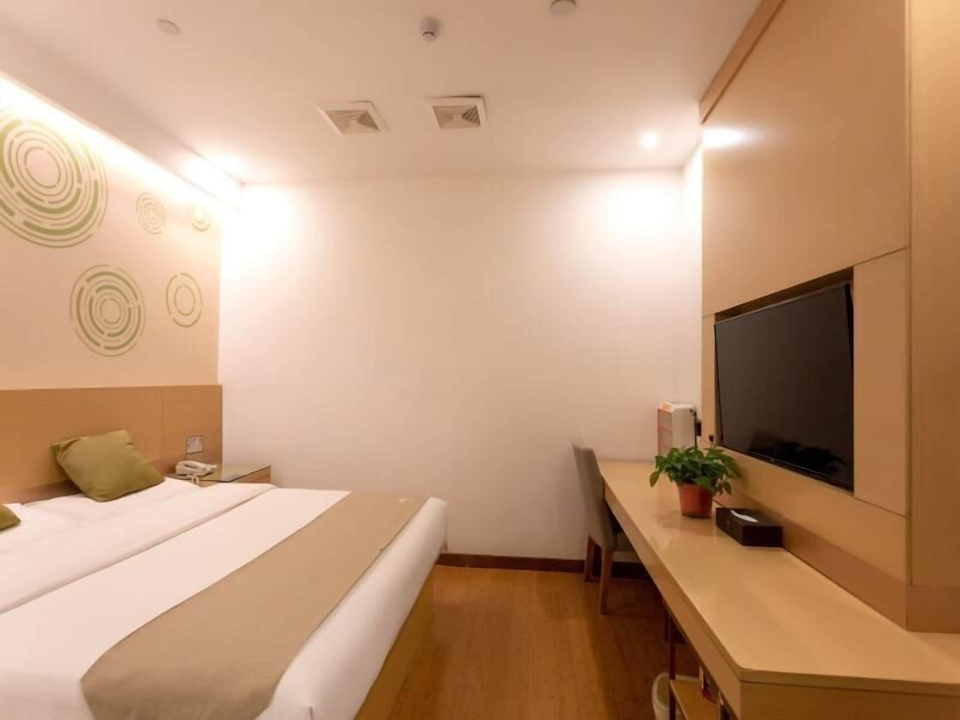 Habitación de hotel con cama, escritorio, televisor y pared con diseños circulares.