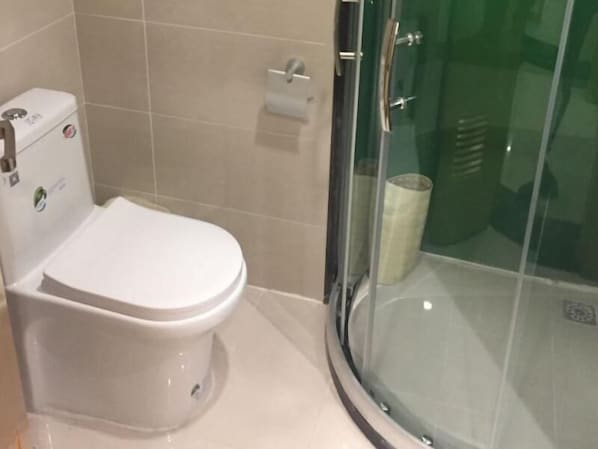 Ett badrum med en toalett, en duschkabin med glasväggar och en toalettpappershållare på väggen.