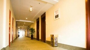 A hotel corridor with a carpeted floor, wooden doors, and a potted plant. - Greentree Alliance Bengbu Wuhe County Yihao Bojing City Branch (Bengbu)
