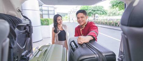 A car interior with luggage in the trunk.