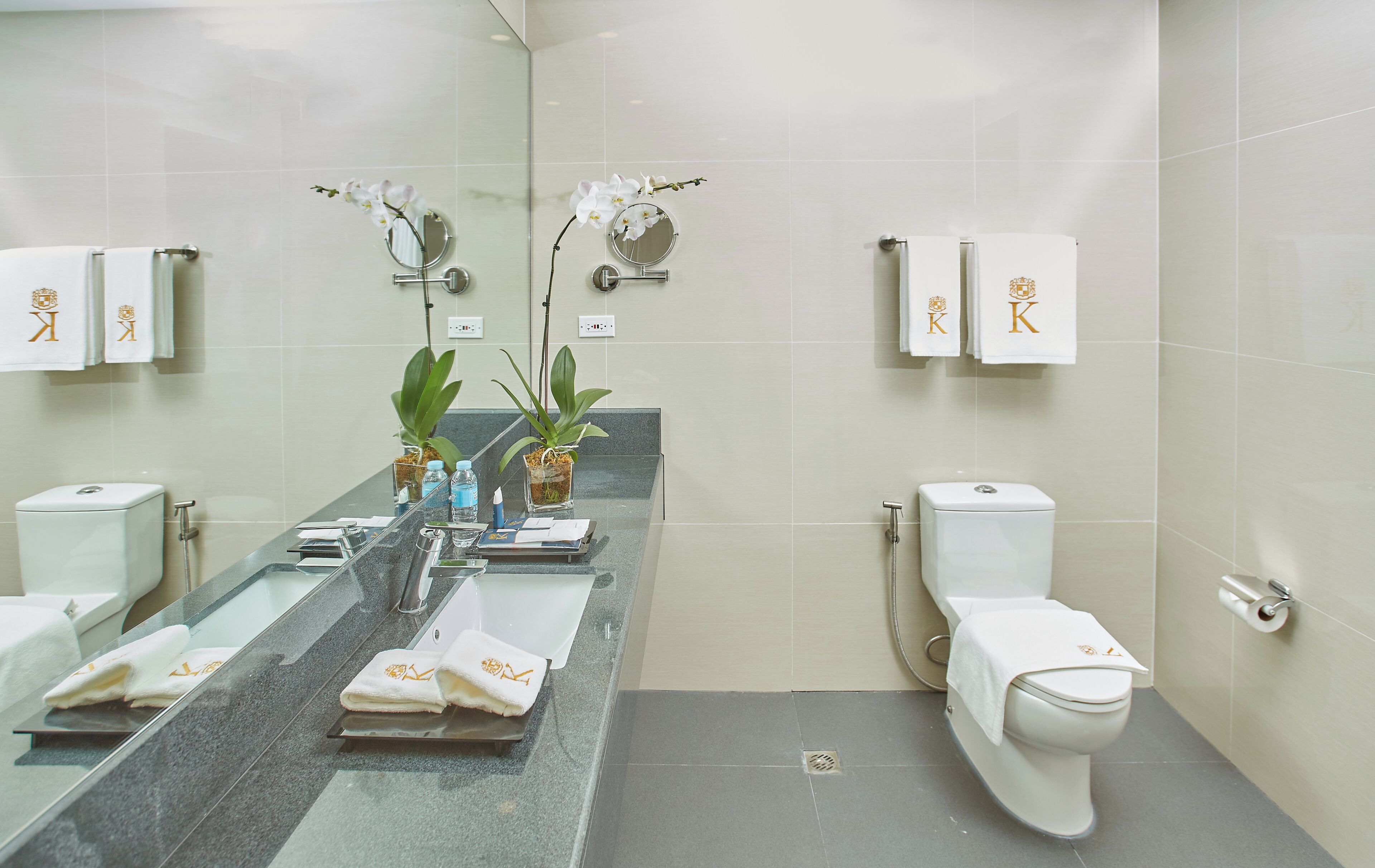 A modern bathroom with two sinks, a large mirror, and two toilets.