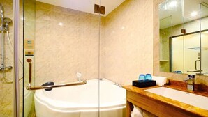 A bathroom with a glass-enclosed shower, a white bathtub, and a wooden vanity with a mirror. - Vx Changzhou Jintan District Red Star Macalline Ho (Changzhou)