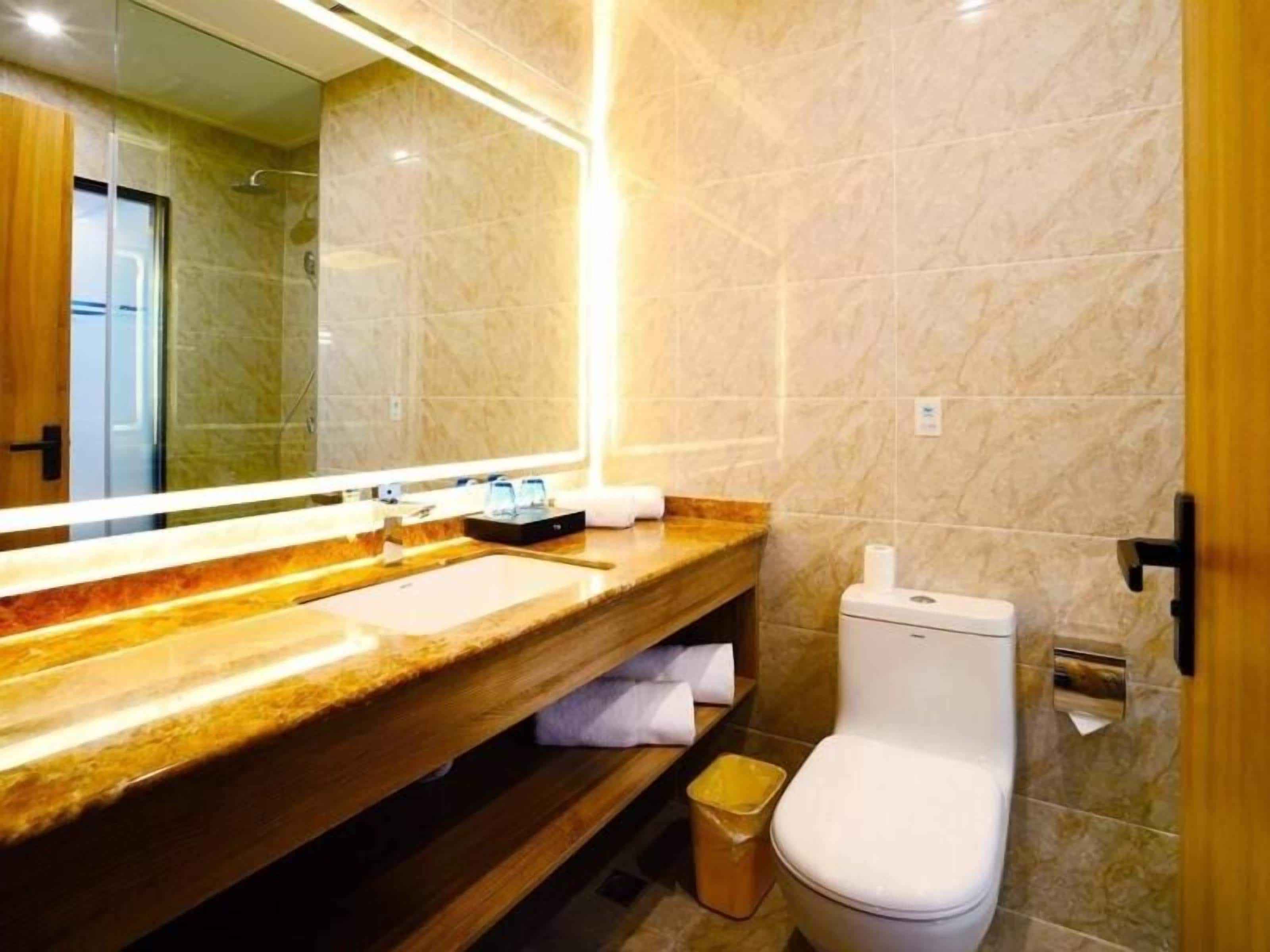 Een badkamer met een betegelde muur van marmer, een houten wastafelmeubel met een wastafel en een toilet.