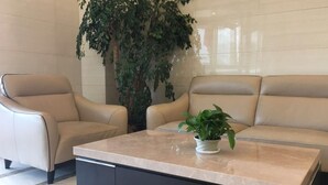 Una sala de estar moderna con dos sofás beige, una mesa de centro de mármol y una planta grande de color verde.