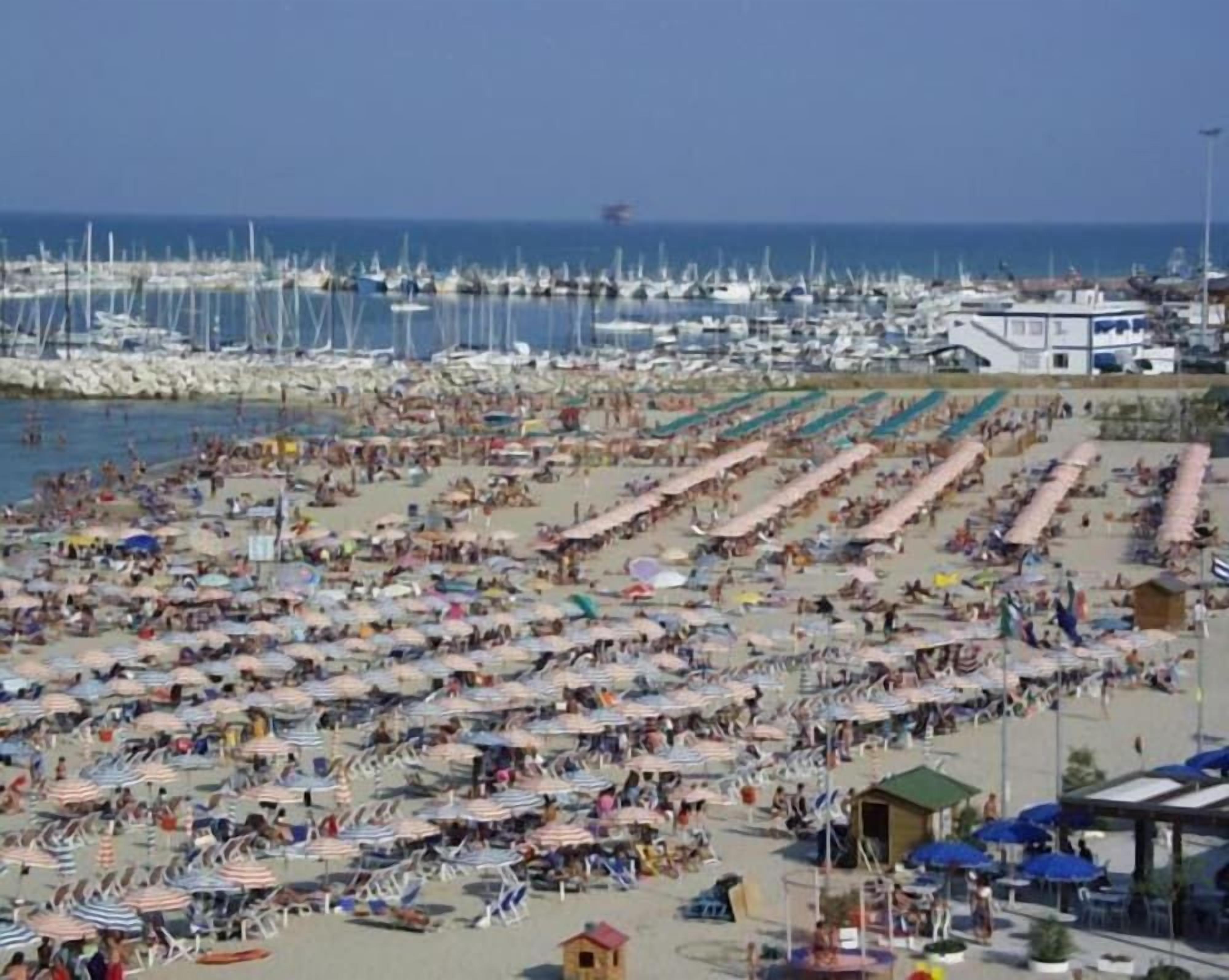 Una spiaggia con numerosi ombrelloni e lettini, una marina sullo sfondo e un cielo sereno.