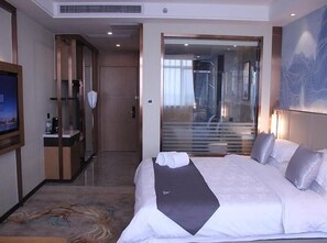 Habitación de hotel con una cama grande, televisor, minibar, zona de ducha y vistas por la ventana.