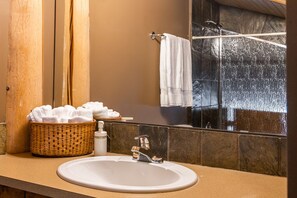 Ensemble baignoire-douche, séchoir à cheveux, serviettes fournies, savon