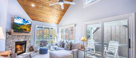 TV connectée, cheminée, espaces bureaux, écrans d'ordinateur