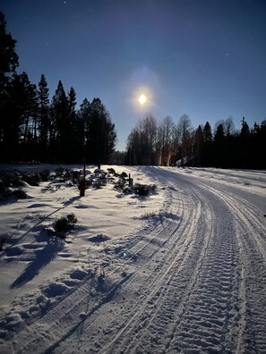 Et snøklædt landskab med klar himmel og en tydelig måne.
