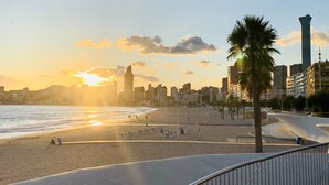 A beach with a city skyline in the background, palm trees, and a modern building with a unique design.
