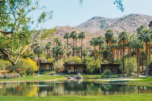 A serene landscape with a pond, palm trees, and two buildings with a mountain in the background. - Castle HOT Springs (MORRISTOWN)