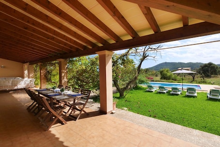 Outdoor dining. Finca Port Vert with Mountain Vew, Pool, Wi-Fi, Terrace & Garden