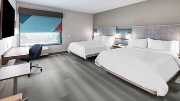 Premium bedding, desk, laptop workspace, iron/ironing board