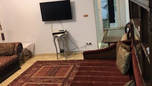 En stue med et fladskærms-tv monteret på væggen, en loftventilator, en sofa, et sofabord og en gulvtæppe med et mønster.