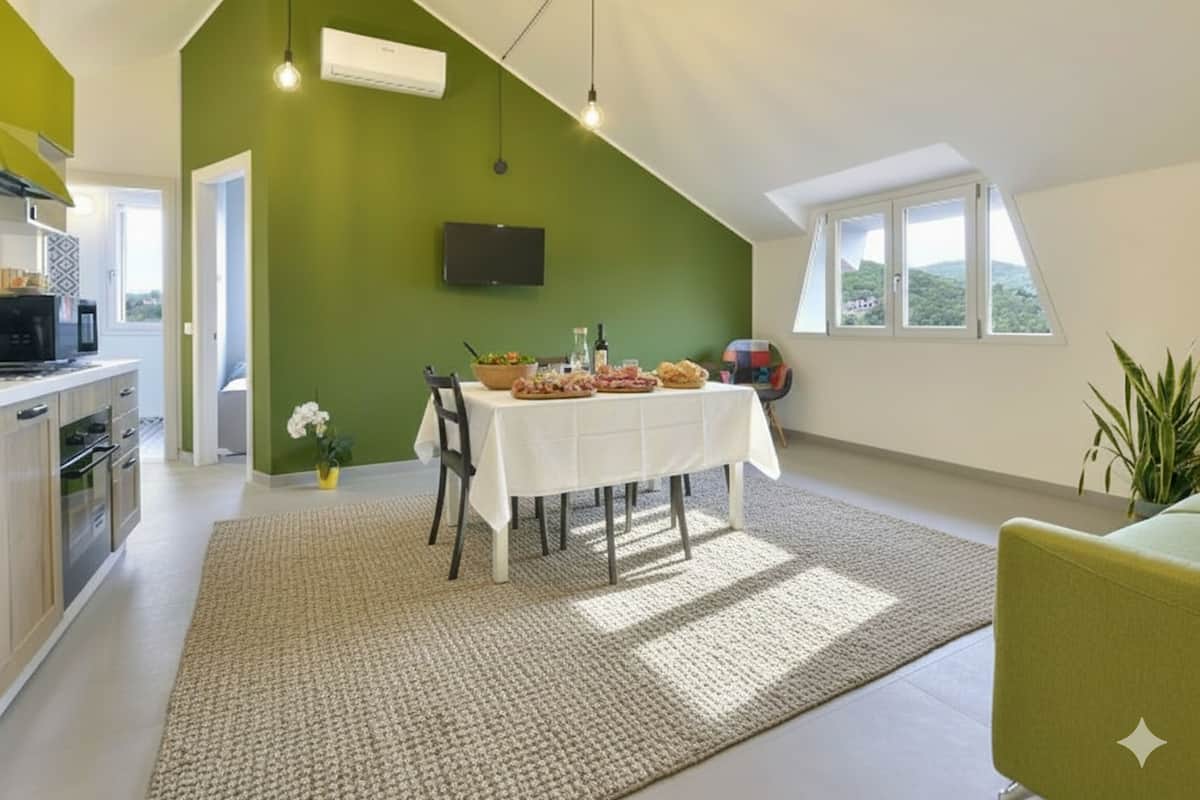 A dining area with a table set for four, a kitchen in the background, and a green wall.