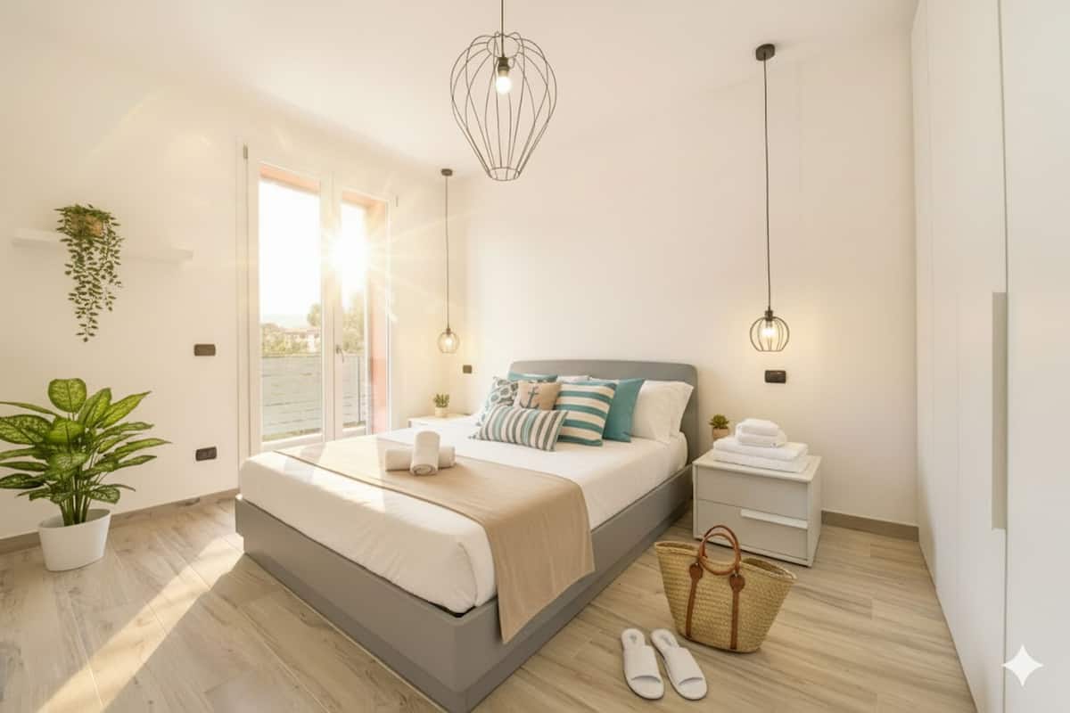 A modern bedroom with a bed, bedside tables, a hanging light fixture, and a potted plant.