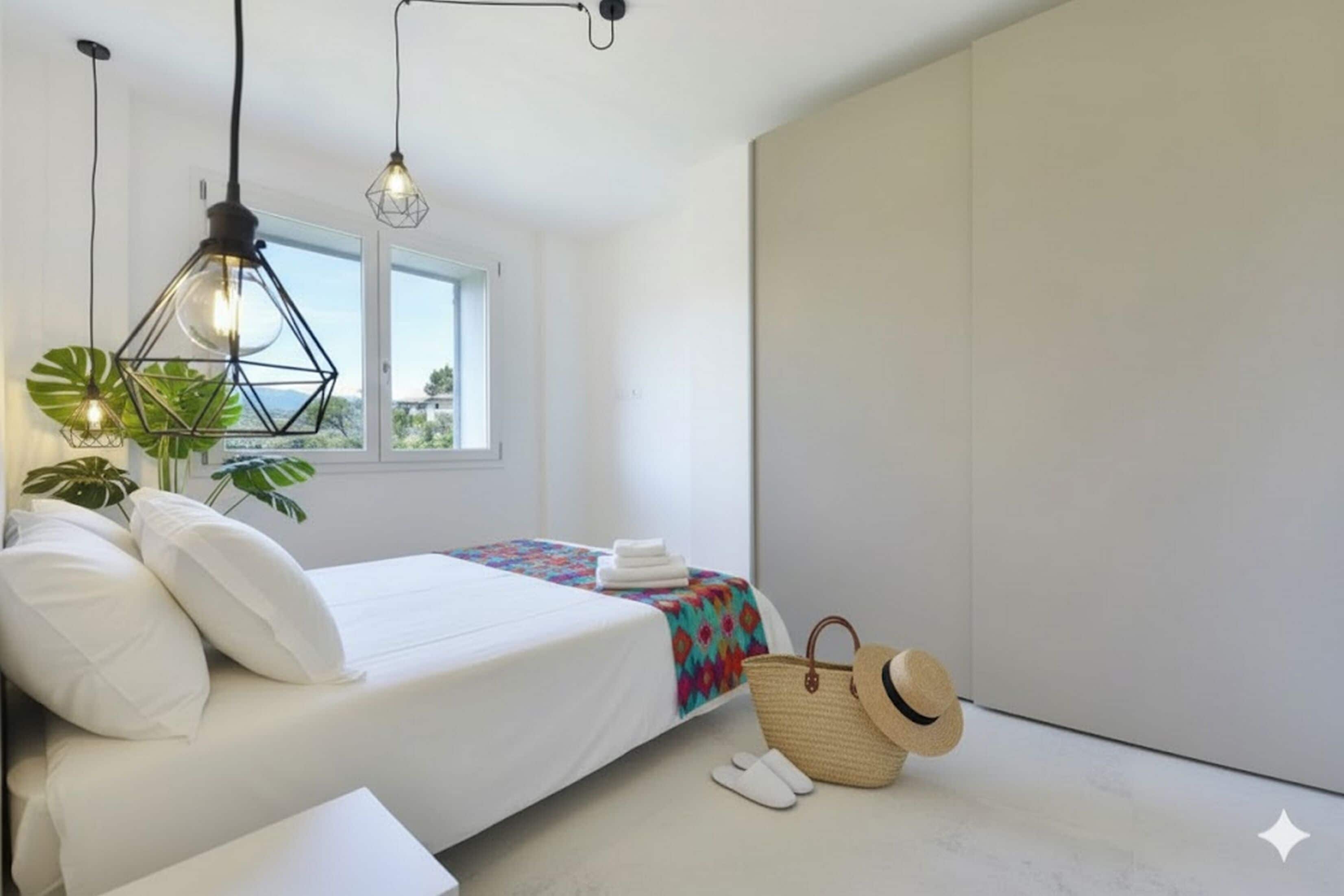 Een moderne slaapkamer met een bed, kamerplanten en een raam.