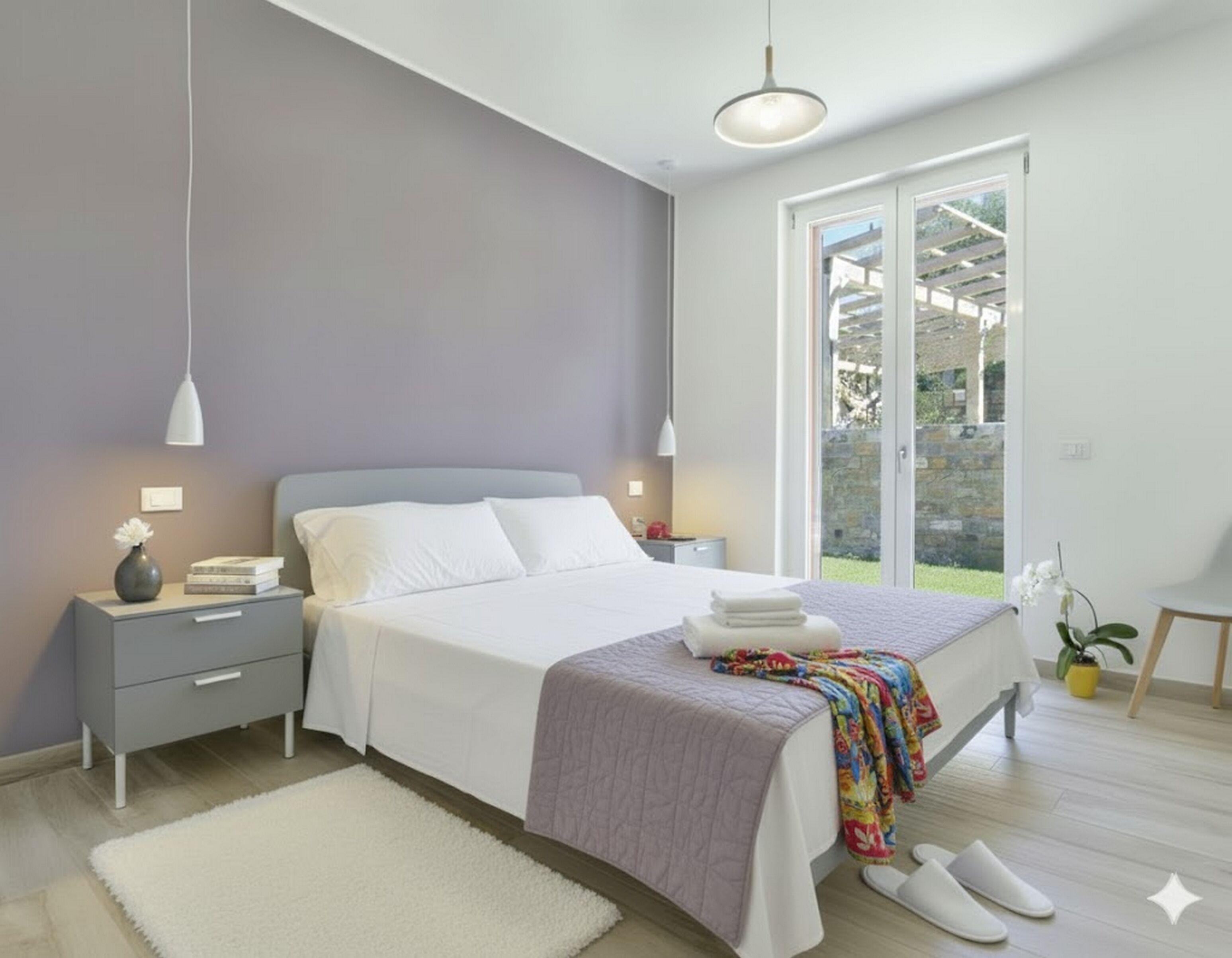 Un dormitorio moderno con una cama grande, mesitas de noche, una mesita auxiliar, un ventanal con vistas y un pequeño balcón.