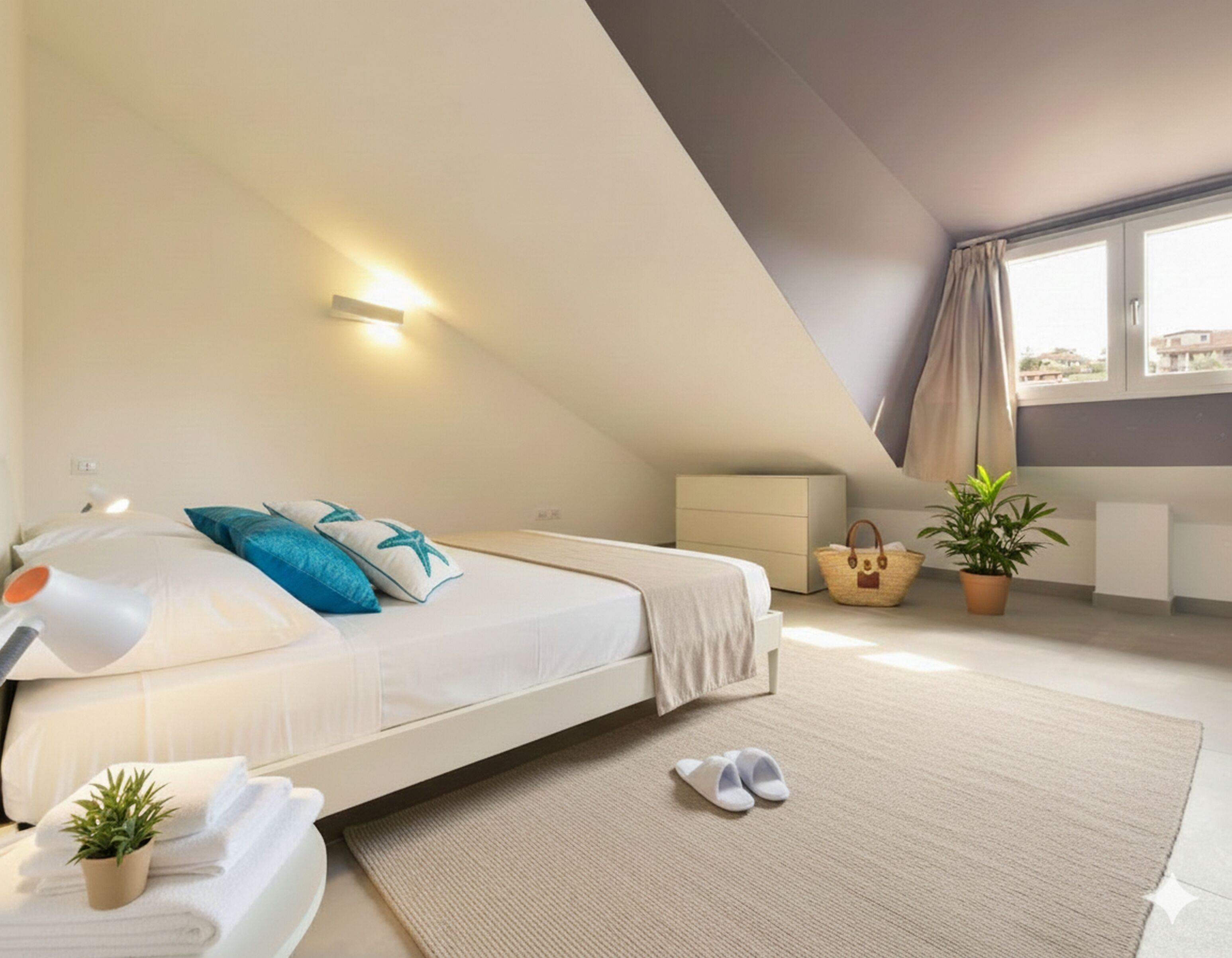 Un dormitorio moderno con cama, lámparas de noche, mesita de noche, una planta en maceta, una ventana con cortinas y vistas a edificios.