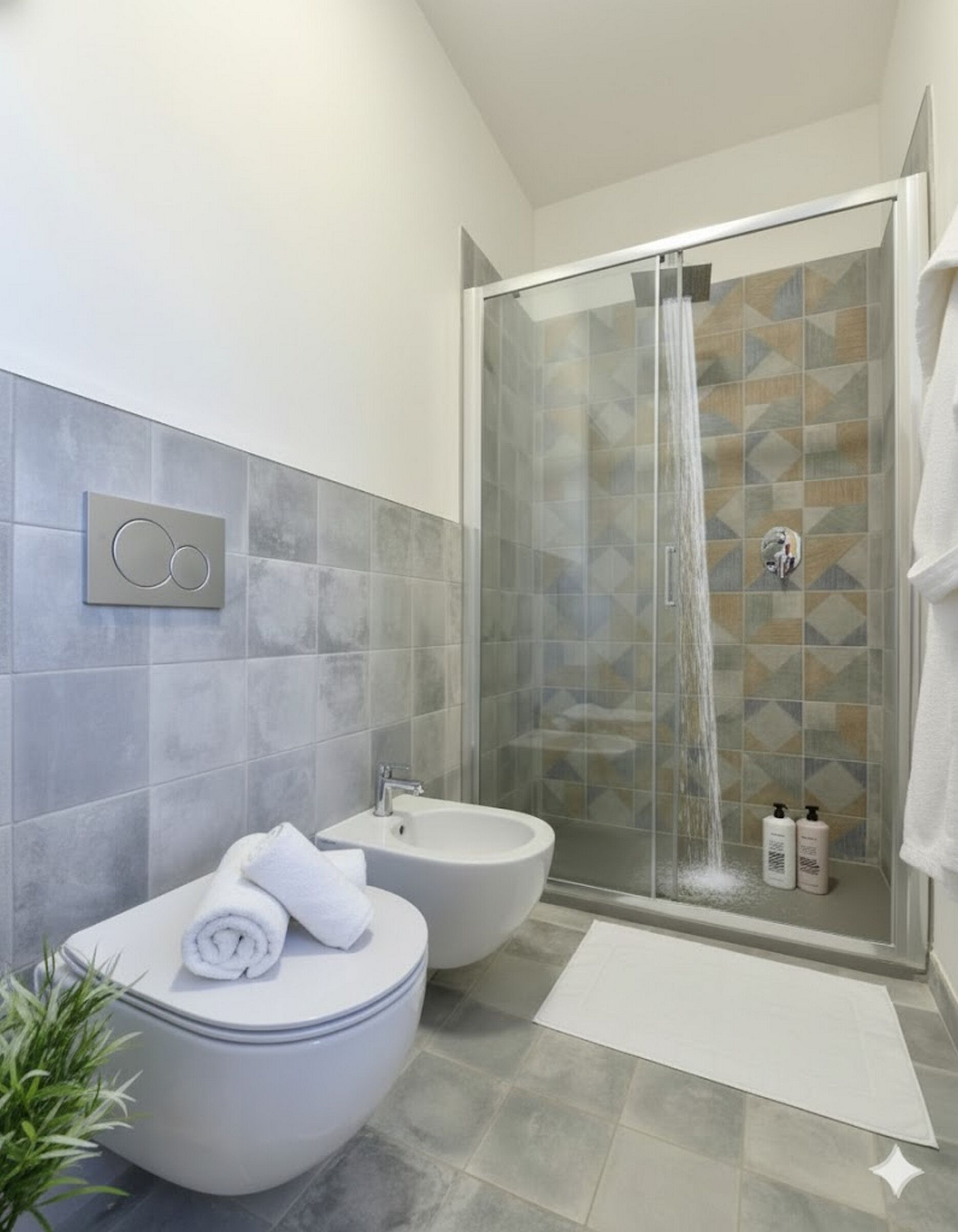A modern bathroom with a glass-enclosed shower, two sinks, and a toilet.