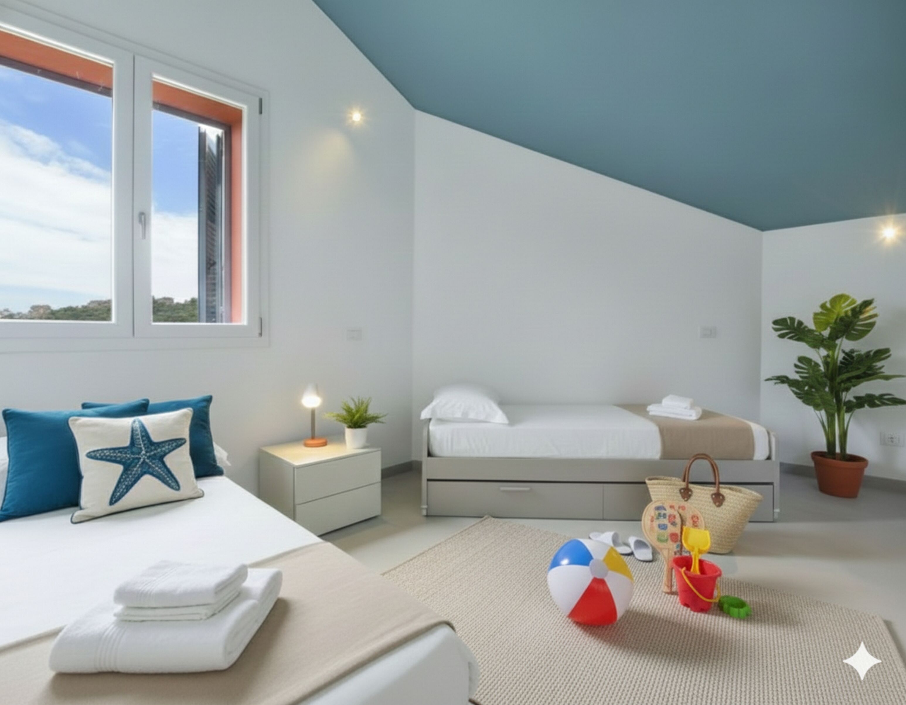 Une chambre à coucher avec un lit, une table de chevet, une lampe et une vue sur le ciel.