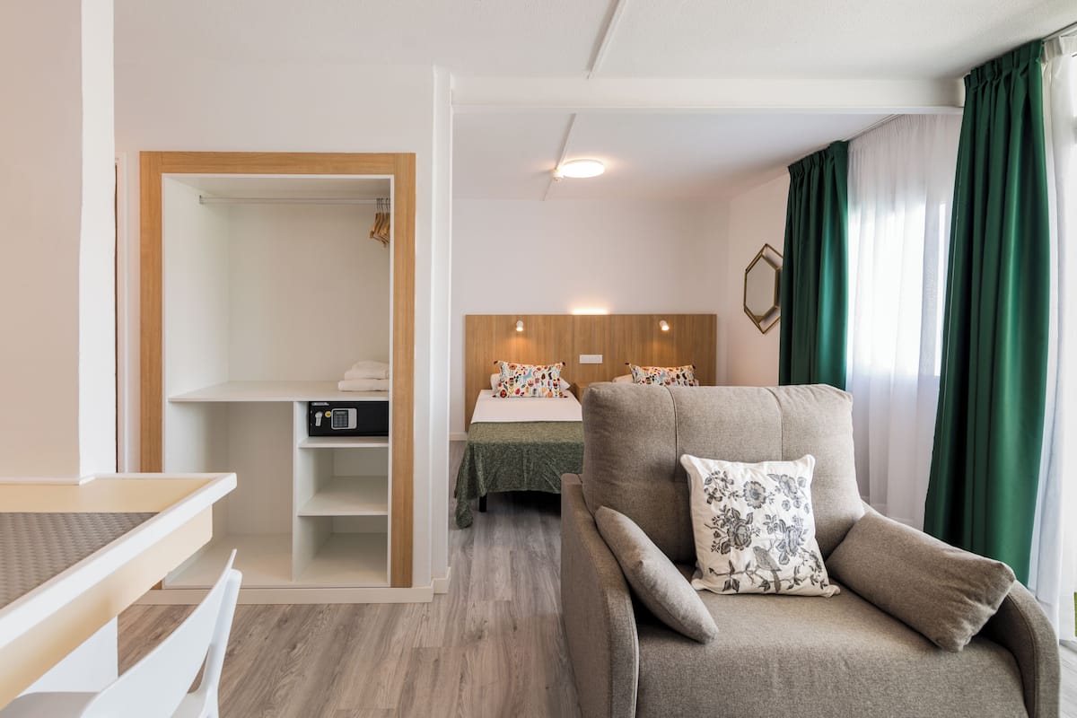 Une pièce comprenant un lit, un canapé, un bureau et une armoire.